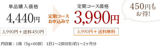 単品購入価格4,440円3,990円＋送料450円お得！！定期コースで価格3,990円3,990円＋送料無料450円もお得！内容量：1箱（5g×60袋） 1日1～2袋目安/約1ヶ月分