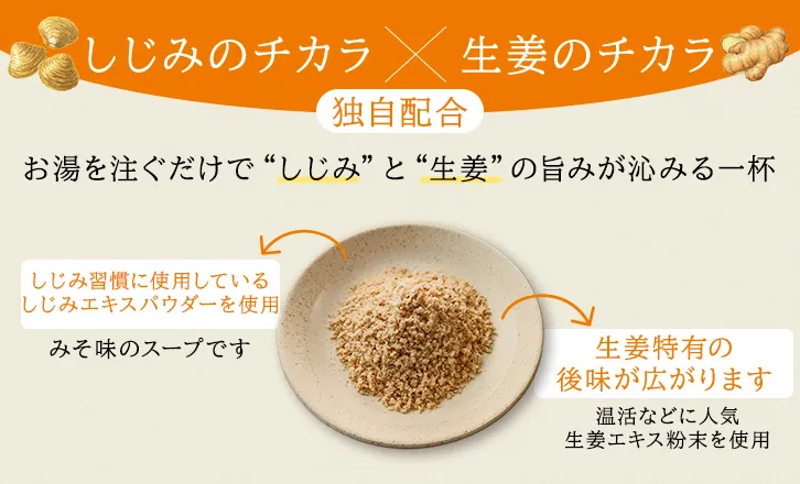 しじみのチカラ×生姜のチカラ　独自配合　お湯を注ぐだけでしじみと生姜の旨みが沁みる一杯　しじみ習慣に使用しているしじみエキスパウダーを使用　生姜特有の後味が広がります。