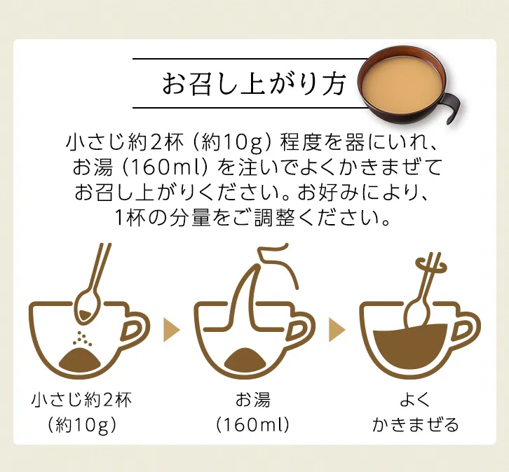お召し上がり方　小さじ約2杯（約10g）程度を器にいれ、お湯（160ml）を注いでよくかきまぜてお召し上がりください。お好みにより、1杯の分量をご調整ください。