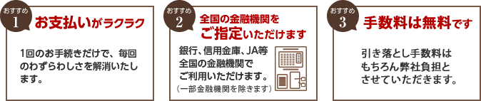 おすすめ1 お支払いがラクラク 1回のお手続きだけで、毎回のわずらわしさを解消いたします。おすすめ2 払い忘れの心配なし 毎回、 自動で引き落しをいたしますので払い忘れの心配がございません。おすすめ3 全国の金融機関をご指定いただけます 銀行、信用金庫、JA等全国の金融機関でご利用いただけます。