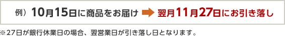 例)10月15日に商品をお届け→翌月11月27日にお引き落し　※27日が銀行休業日の場合、翌営業日が引き落し日となります。