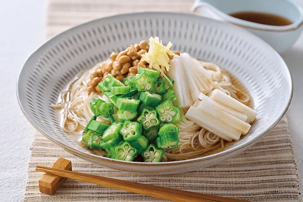 オクラと納豆、長芋の混ぜそうめん